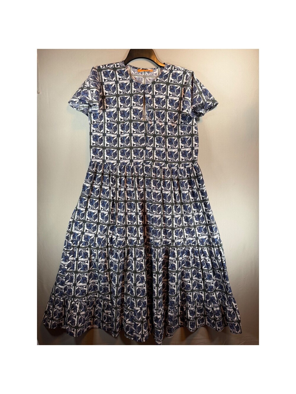 Oliphant Blue and White Patterned Short-Sleeve Tiered Dress